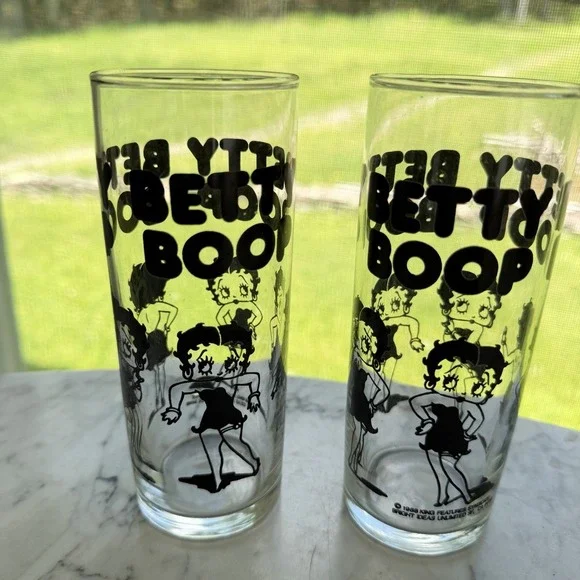 Vtg 1988 Libbey Betty Boop 10oz Clear Glass Drinking Tumblers Highball Set Of 2