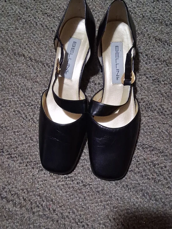 Bellini Black Mary Jane Square-Toe Heels with Gold Buckle
