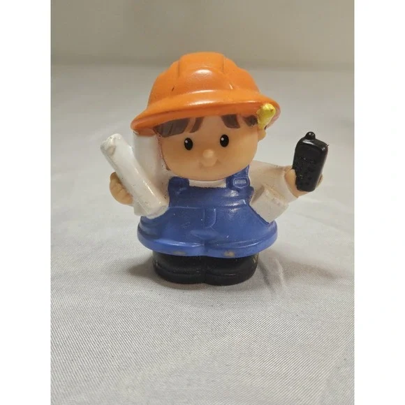 FISHER PRICE LITTLE PEOPLE Construction Worker Blue Prints & Cell Phone Used