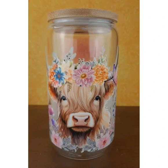 Midland Brown Cow With Wildflowers 12oz Frosted Glass Tumbler With Straw‎