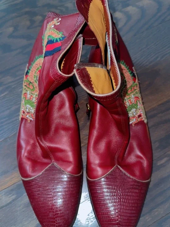Gucci Red Leather Embroidered Men's Ankle Boots