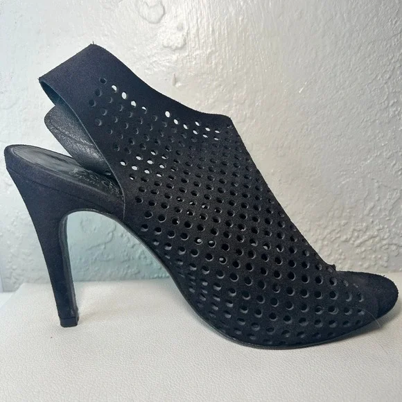 Pedro Garcia Sofia Black Suede Leather Peep Toe Heels Slingback‎ Perforated Sz 9