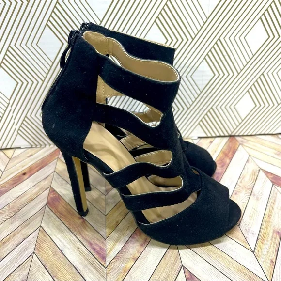 Black Heels size 37/6 1/2 suede feel Peep toe stiletto heels sb‎