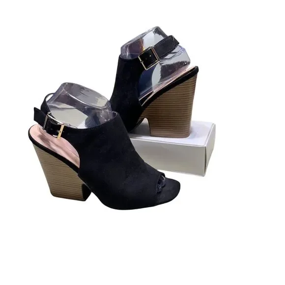 Wild Diva Lounge Open Toe Sandals Black Suede Size‎ 9 Wood Block Heel