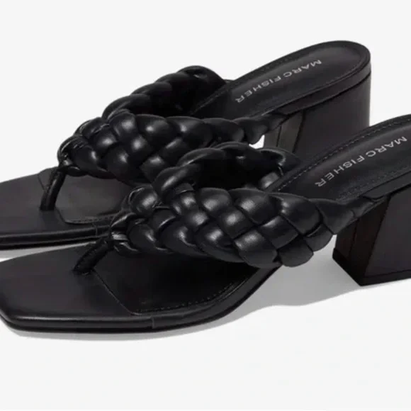 Marc Fisher Black Braided Leather Block Heel Thong Sandals