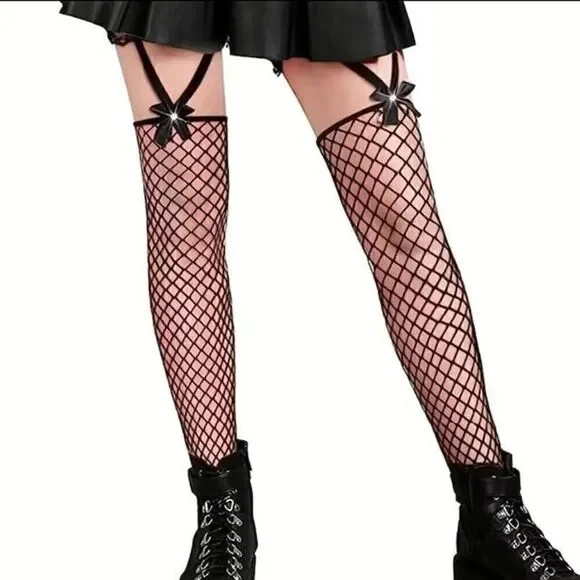 Rhinestone Garter Bow Lace Trim Fishnet Thigh Highs-A