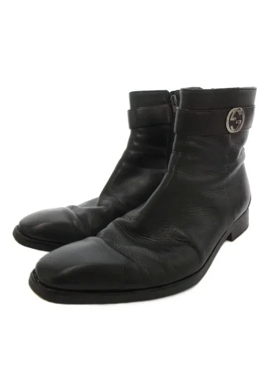 Gucci Short Boots GG Side Zip Leather 41.5 Black