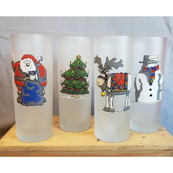 Set of 4 Frosted Highball Glasses Christmas Portugal Santa Tree Reindeer Snowman