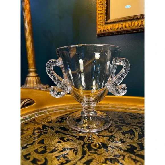 Vintage Glass Pedestal cup with Figural Fish Handles‎