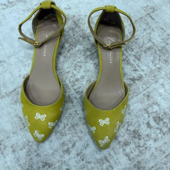 Anthropologie Shoes Womens Size 8 Yellow Ankle Strap Heels Bow Embroidered