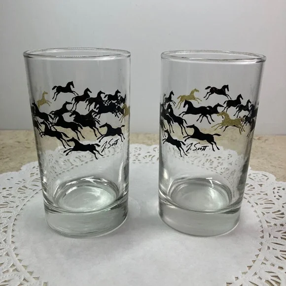J. Scott Highball Glasses Set of 2 Clear Black Gold Running Horses Vintage