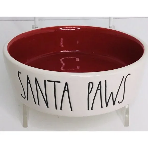 Small Dog & Kitty Cat Bowl Rae Dunn White Red SANTA PAWS Puppy Ceramic 5