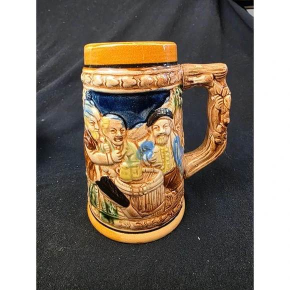 Vintage Ceramic Beer Stein Made in Japan 3D Relief Tavern Scene German Text Mug