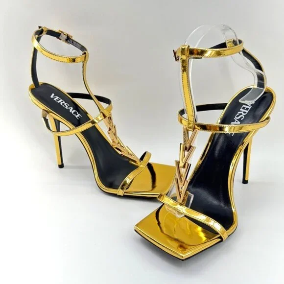 Versace V2025 Chain Metallic Leather Heels Gold 105mm Stiletto Sandals Size 39
