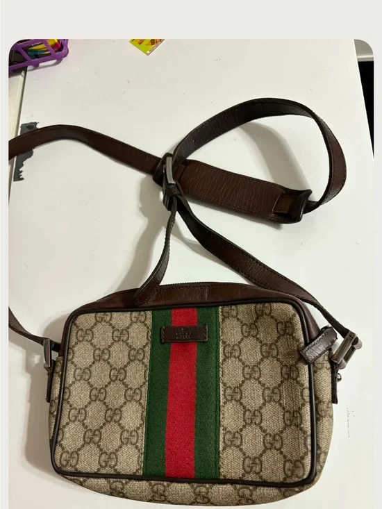 Gucci Brown GG Canvas Crossbody with Green-Red Web Stripe