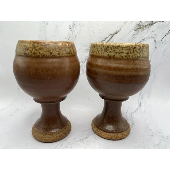 2 Vintage Art Pottery Goblet Chalice Wine Glass Stoneware Speckled Glaze 5.25