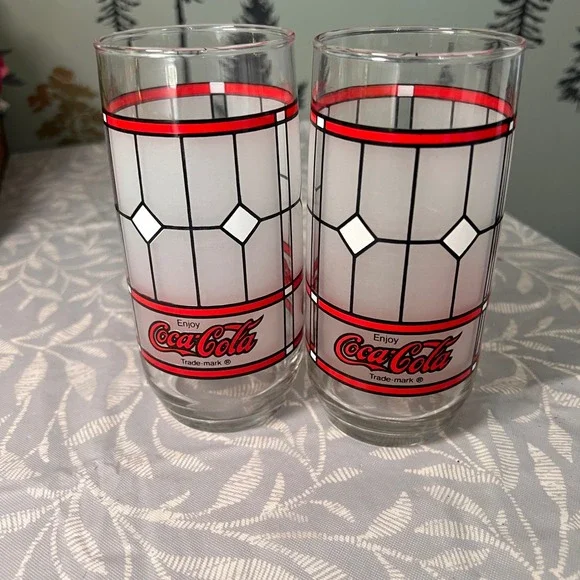 Vtg Coca-Cola Stained Glass Style Drinking Glasses Set of 2 Frosted Red White