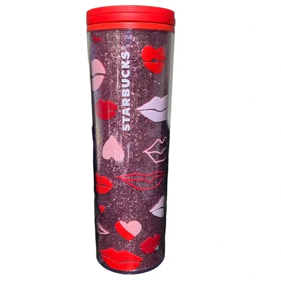 Starbucks 2021 Valentine's Day Glitter Pink Hearts and Lips Travel Tumbler