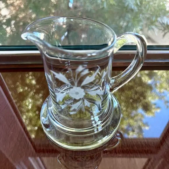 Vintage Etched Glass Creamer Pitcher Floral Clear Glass Cream Server