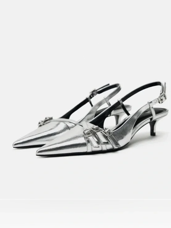 Zara Strappy Kitten Heels in Silver