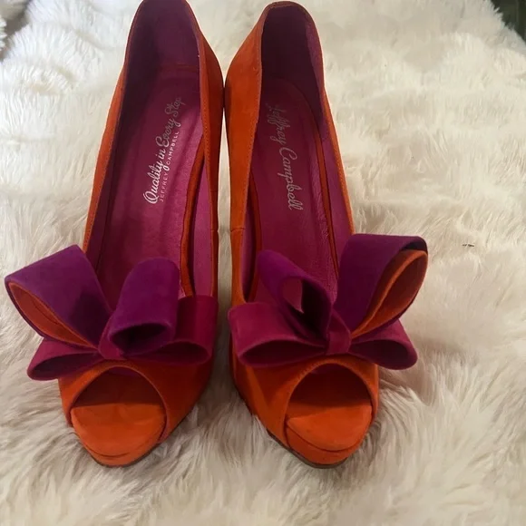 Jeffrey Campbell Orange Fuschia Purple Suede Bow Platform Heels 9.5
