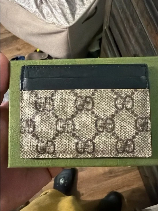 Gucci Beige GG Canvas Card & Black Leather Trim Holder