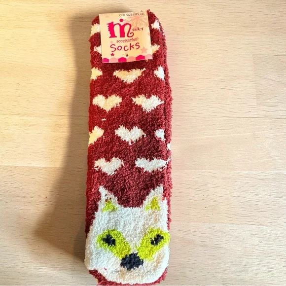 Maroon & White‎ Heart Fuzzy Socks with Fox Face