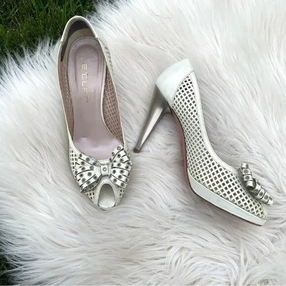 E’Clat Italian Leather Peep toe bow Heels 36.5