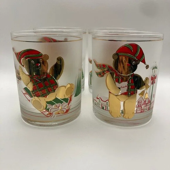 Vtg Culver‎ Frosted Yule Bear Old Fashioned Glass Set of 4 22K Gold USA