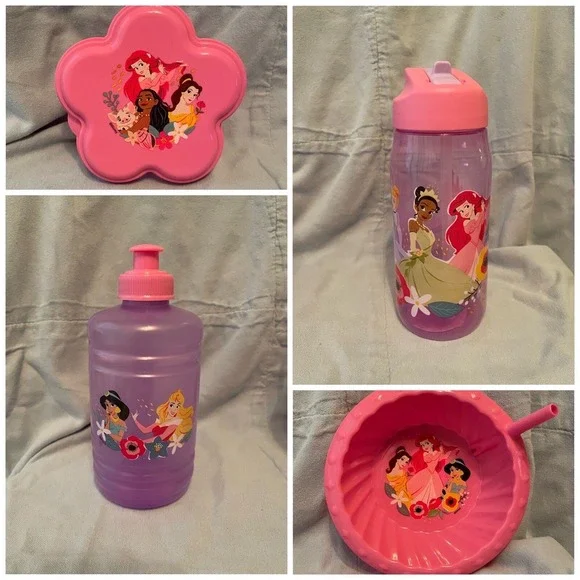NEW Set of 4 Disney Princess Water‎ Bottles Bowl & Container Ariel Tiana Belle