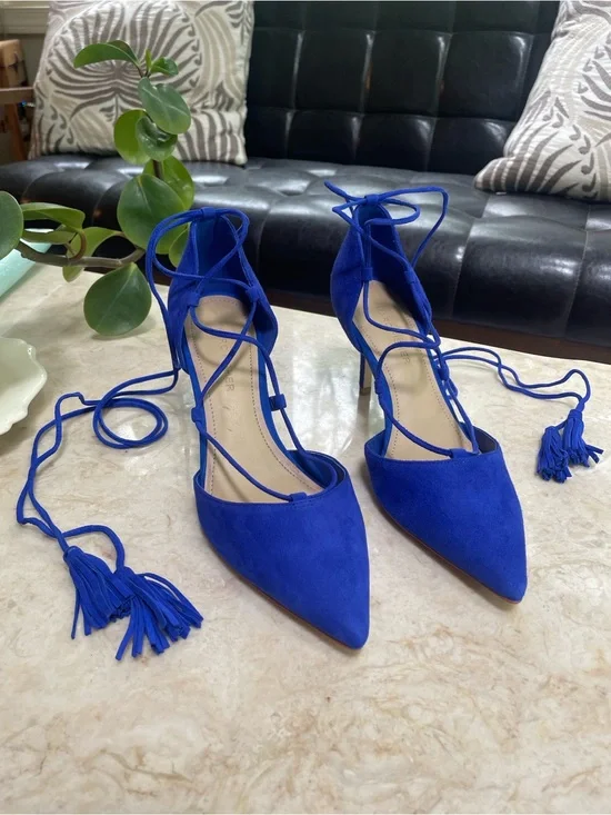 Marc Fisher Cobalt Blue Lace-Up Heels 6.5 Pointed Toe Tassel Ankle Wrap Pumps