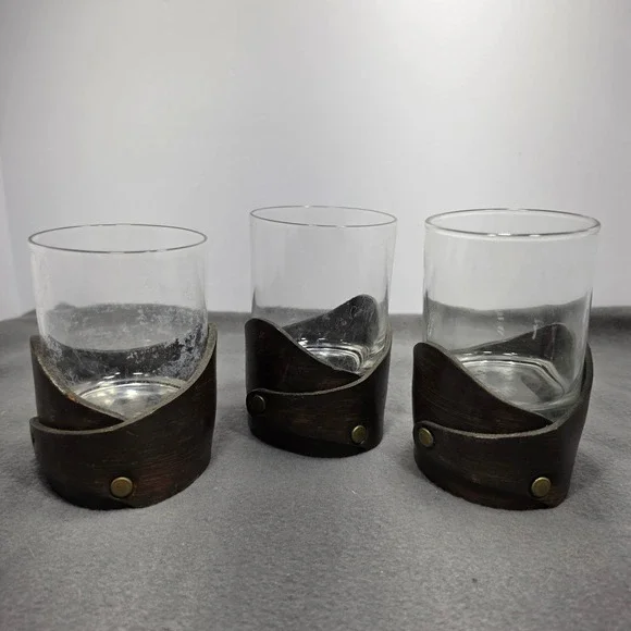 Vintage El Cid Leather Wrapped Rocks Glasses Set of 3 Brown Barware Lowball
