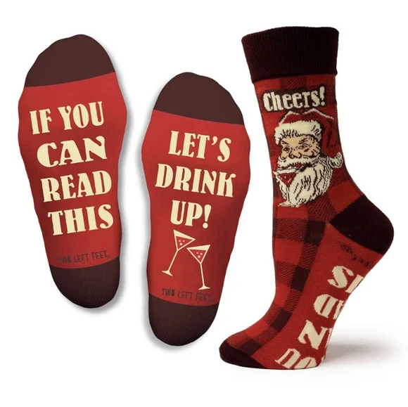 ❤️2/$12 NEW Two Left Feet Funny Santa “Let’s Drink Up” Big Feet Christmas Socks