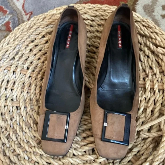 PRADA Kitten Heels Iconic Mod Buckle Square Toe size 38