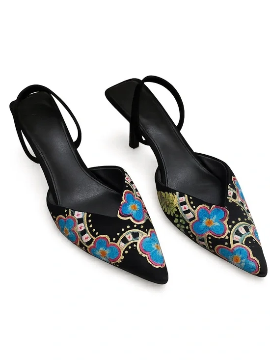 Hand Painted Floral Slingback Kitten Heels Size 40 Boho Artwear Pointed Toe