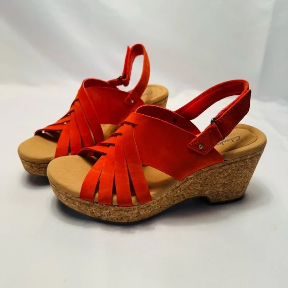 Clarks Giselle Glow Woven Grenadine Nubuck Leather‎ Wedge Sandals Size 10M