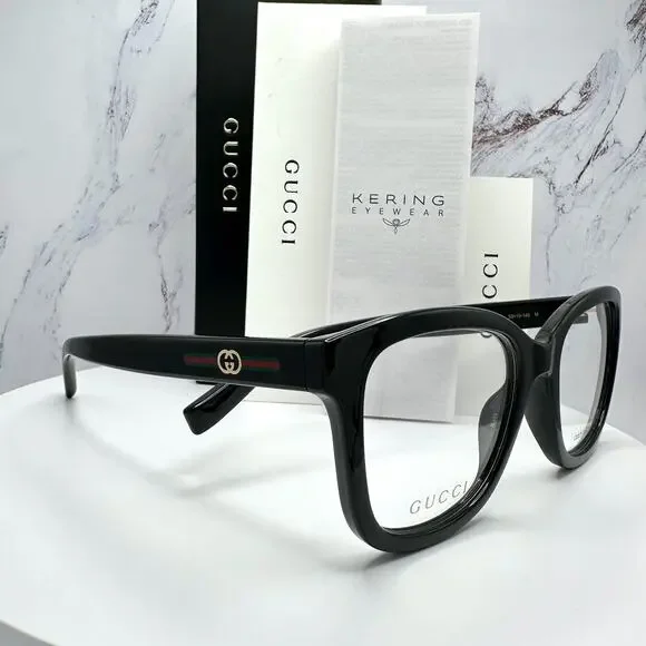 New GUCCI Eyeglasses 53-19-140 Black Square GG Logo Red Green Web Women Rx-able