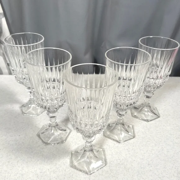 Fostoria Heritage Clear Glass Crystal Water Goblets Hexagon Diamond Wedge Set/5