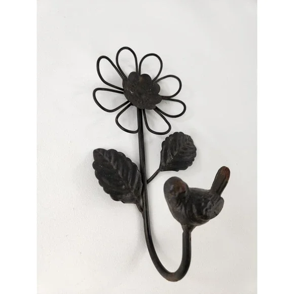 Bird and Flower Decorative Cast Metal Wall Mount Rustic Hook Daisy Cottagecore