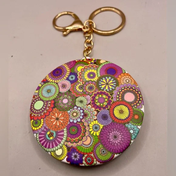 Jewel tone floral compact mirror keychain. Keyring purse bag backpack charm