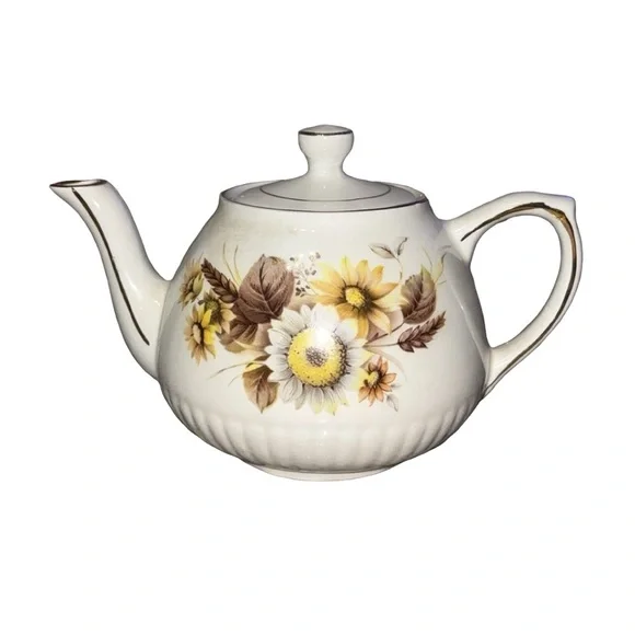 Vintage Wood & Sons‎ Teapot Flowers Sunflower White Gold Trim 8”