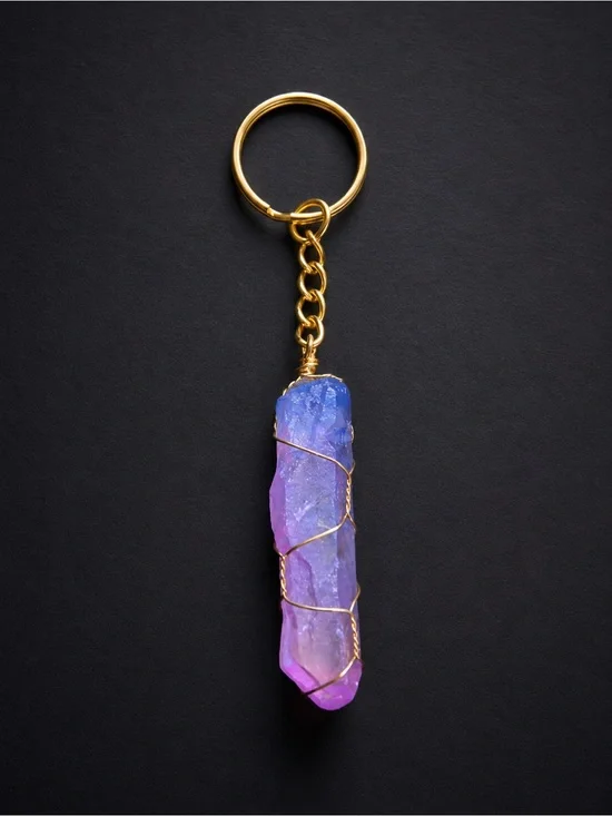 Gold Wire-Wrapped Aura Quartz Keychain - Purple to Blue