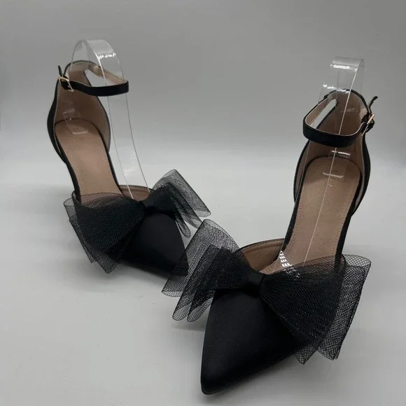 NEW‎ Allegra K Heels Womens 9 Black Pointed Toe Ankle Strap Pumps Bow Stiletto