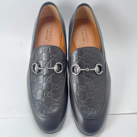 Gucci GG Debossed Leather Men Loafers Horsebit Cocoa Brown Dress Shoes Size IT9