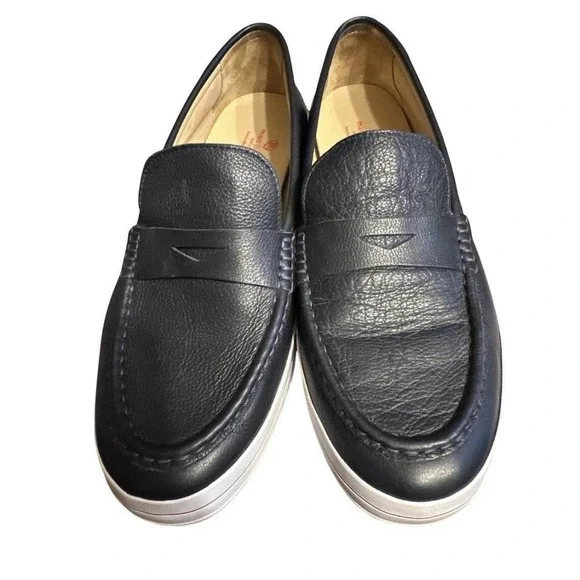 Marc Joseph New York Atlantic Mens Navy Leather Penny Loafers Size 12 Brazil