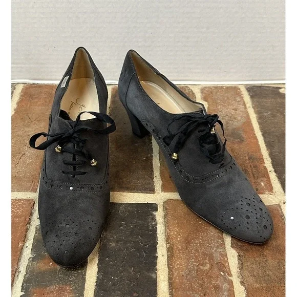Joccia Italy Lace-Up Oxford Heel Gray Suede Handmade Wingtip Detail Women's 9.5