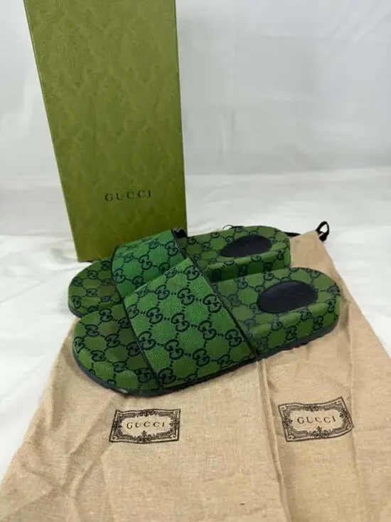 Gucci GG Monogram Sandals 665660 Green Canvas Mens US 9.5 SPB-TS 340692