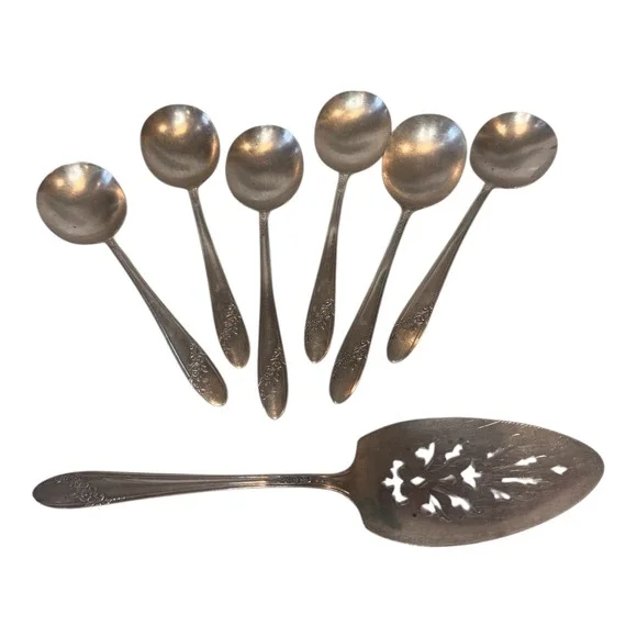 VTG Oneida Community Tudor Silverplate 6 Soup Spoons 1 Pie Server Queen Bess II
