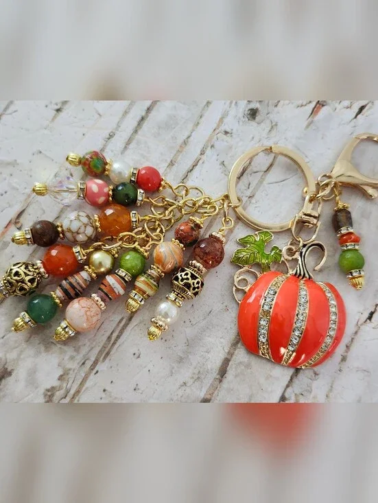 Pumpkin Fall Purse Charm or Keychain Holiday Jade Aventurine Paper Handcrafted