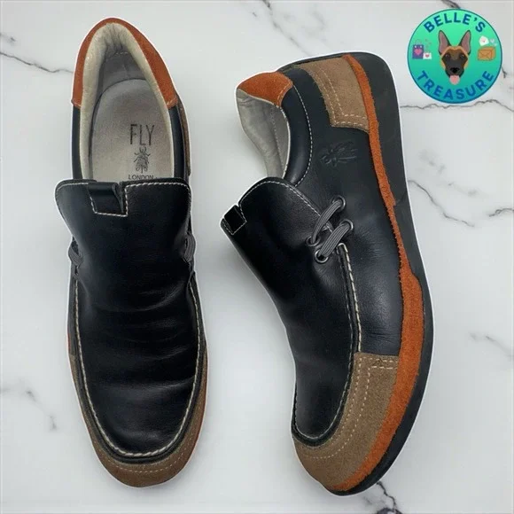 Fly London Shoes Mens 42 Eu 9 Us Loafer Black Leather Boat Shoe Casual Slip‎ On
